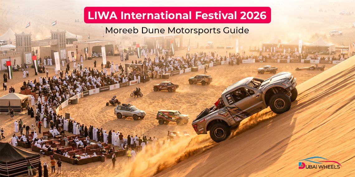 Modified off-road vehicles racing up Moreeb Dune during Liwa International Festival 2026 in Abu Dhabi desert
