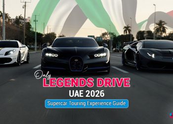 Only Legends Drive UAE 2026 luxury supercar touring experience featuring exotic cars driving through Dubai and Abu Dhabi highways