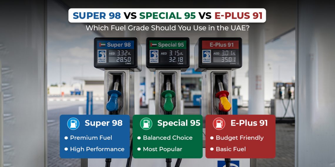 Super 98 vs Special 95 vs E-Plus 91 petrol comparison showing UAE fuel grades and how to choose the right fuel for your car