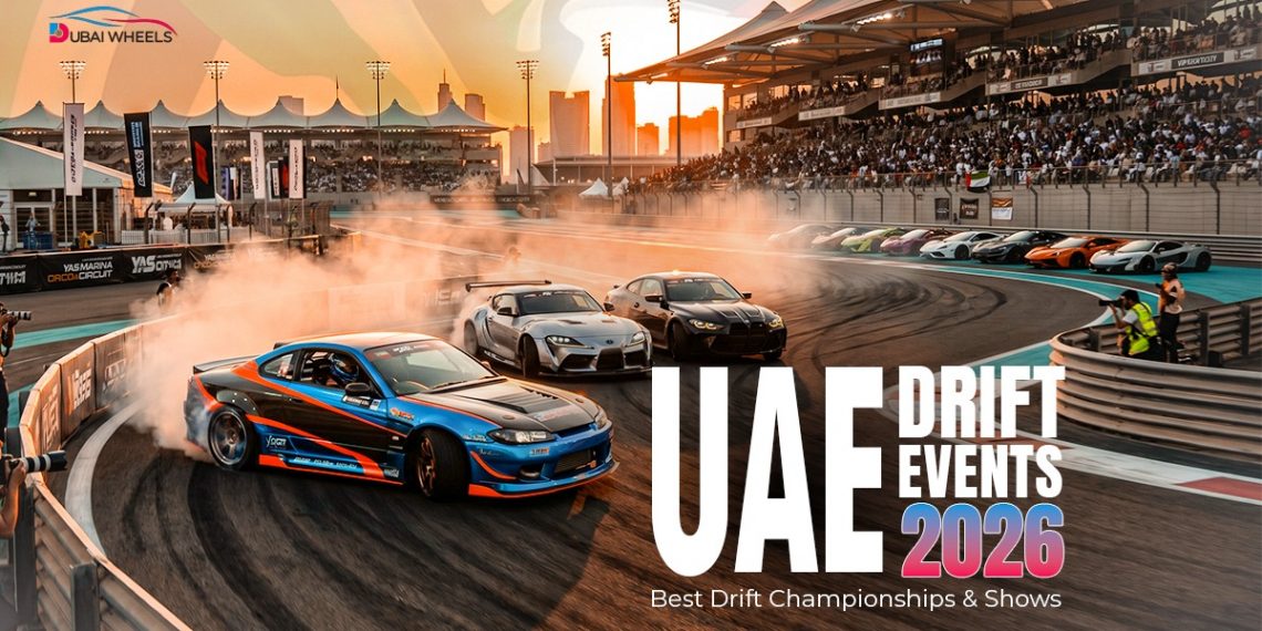 UAE Drift Events 2026 featuring professional drift cars performing high-speed drifting during a major UAE drift championship
