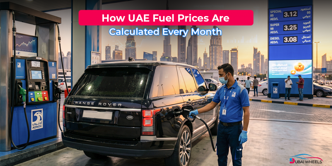 UAE Fuel Price Calculation showing how monthly petrol prices are determined using global oil benchmarks refining costs transport margin and VAT