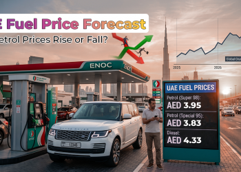 UAE fuel price forecast showing petrol prices rising or falling with oil market trends and UAE petrol station background