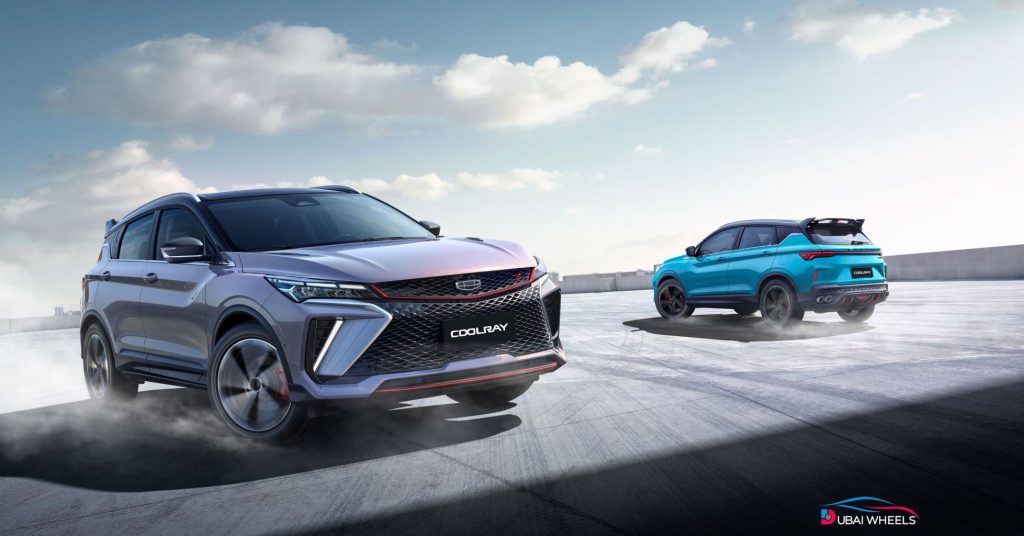 2025 Geely Coolray UAE sporty exterior with sharp LED headlights, re-engineered grill, rear spoiler, and alloy wheels