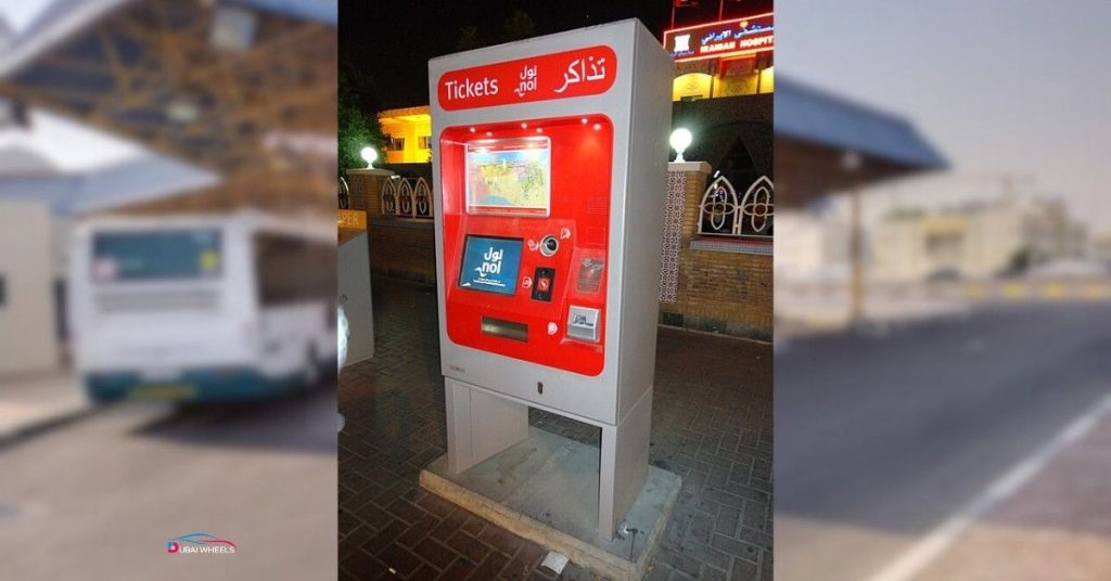 Ticket counters and Nol-style card payment machines at Musaffah Bus Station in Abu Dhabi for easy bus ticketing