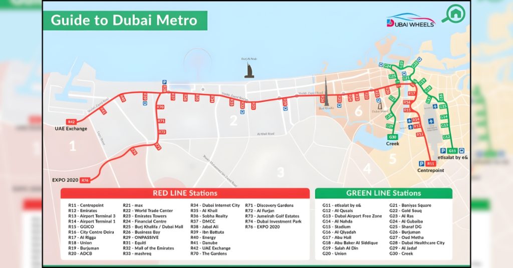 Map of major RTA bus routes from Union Bus Station Dubai showing city and regional connections