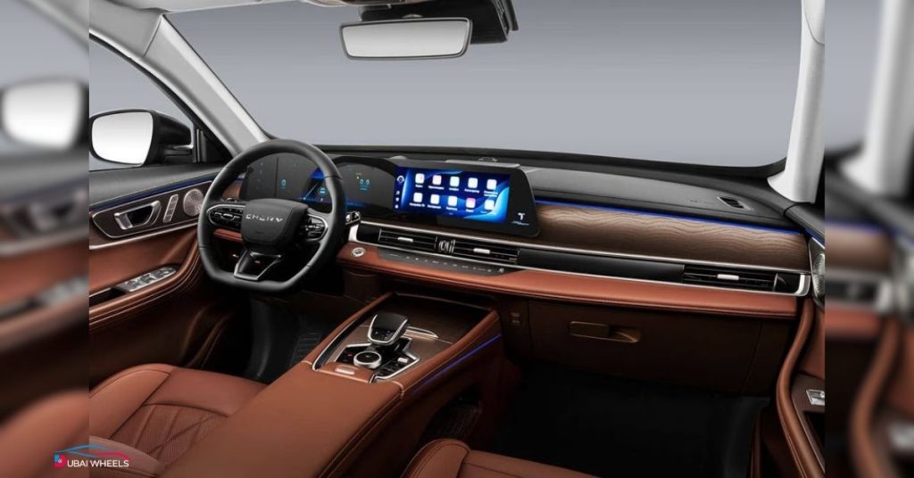 Chery Tiggo 8 Pro Max interior UAE – spacious cabin, dual screens, leather seats, and family SUV comfort