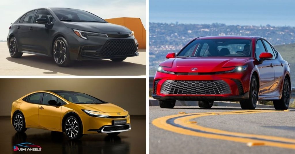 Hybrid best cars for daily commute in UAE including Toyota Corolla Hybrid, Toyota Camry Hybrid, and Toyota Prius driving on city and highway roads