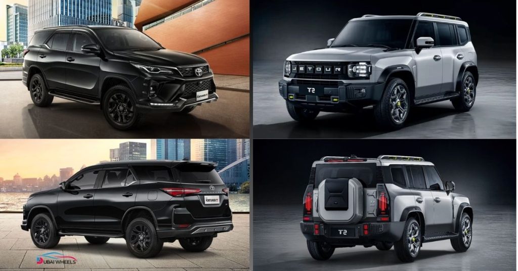 Jetour T2 and Toyota Fortuner UAE showing modern design versus proven rugged styling
