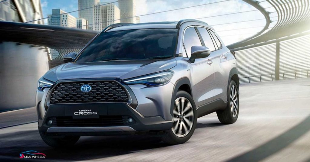 Toyota Corolla Cross exterior design UAE showing sleek styling, LED lights, and compact SUV profile
