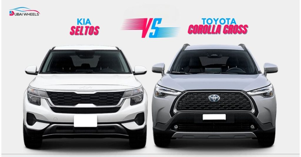 Toyota Corolla Cross vs Kia Seltos UAE market position infographic showing lifestyle focus, hybrid efficiency, and urban styling