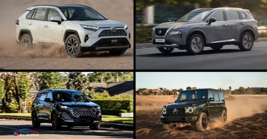 All-Wheel-Drive (AWD) cars in UAE driving on desert dunes and city highways showing improved traction and stability.