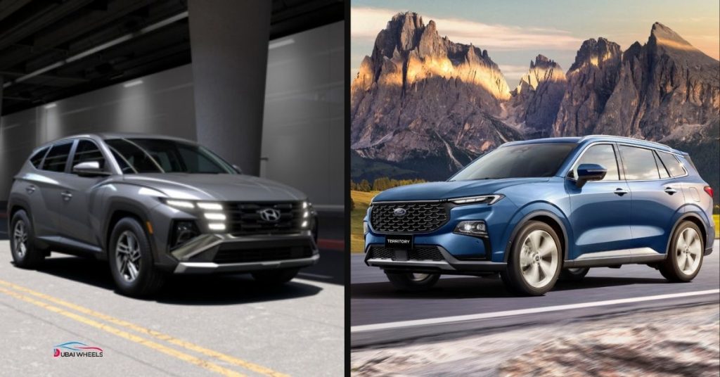 Ford Territory vs Hyundai Tucson UAE 2026 performance comparison on city streets and highways showing driving experience, speed, and handling
