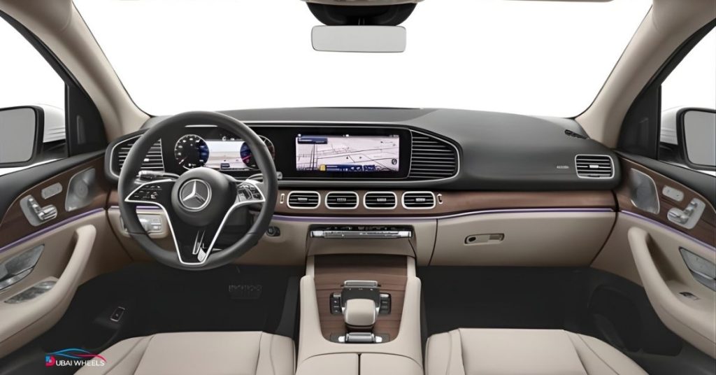 BMW X7 vs Mercedes-Benz GLS UAE comparison showing Mercedes-Benz GLS interior with dual MBUX screens and ambient lighting