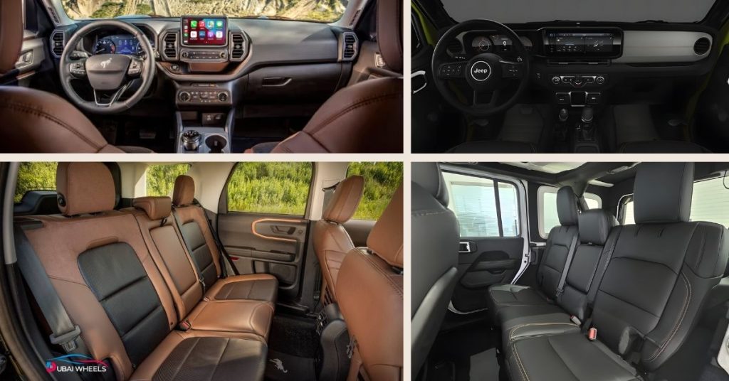 Ford Bronco vs Jeep Wrangler interior and technology comparison UAE 2026 showing cabin space, infotainment, driver assistance and comfort features