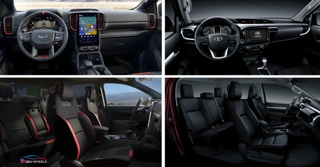Ford Ranger XLT vs Toyota Hilux UAE interior comfort and features comparison for daily driving