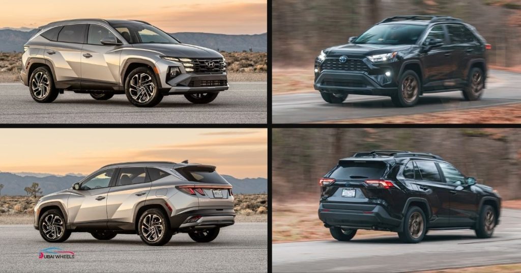 Hyundai Tucson vs Toyota RAV4 design comparison in UAE showing exterior styling, LED lights, grille design, and road presence