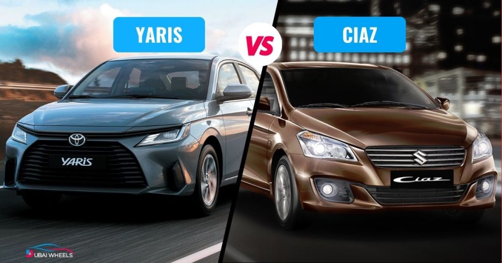 Suzuki Ciaz vs Toyota Yaris UAE side by side exterior comparison on Dubai road