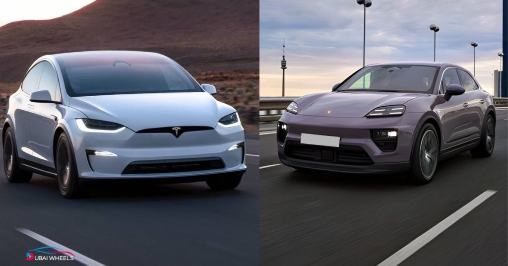 Tesla Model X vs Porsche Macan UAE – Performance comparison showing acceleration, handling, and driving precision of luxury SUVs
