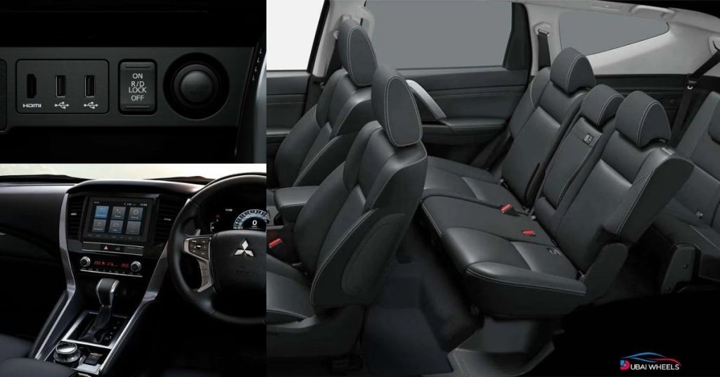 Mitsubishi Pajero Sport interior showing comfort and family-friendly features for UAE 7-seater SUV road trips