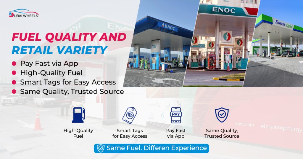 ADNOC vs ENOC vs Emarat fuel quality and retail station comparison in the UAE including fueling experience and station features