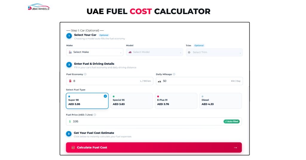 Fuel Price Calculator UAE tool interface showing a user-friendly dashboard to calculate monthly fuel cost based on distance, fuel efficiency, and current UAE fuel prices