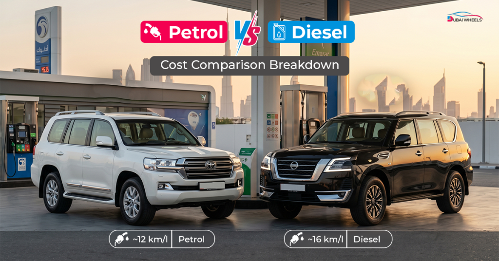 Petrol vs Diesel UAE ownership cost comparison showing annual mileage, fuel savings and maintenance balance