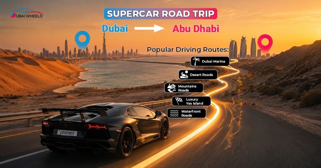 Luxury supercar convoy driving from Dubai to Abu Dhabi on a scenic UAE highway during an exclusive road trip experience