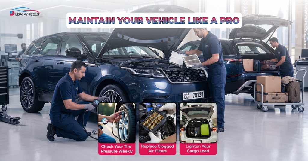UAE Fuel Saving Tips showing vehicle maintenance including tire pressure check, air filter replacement, and reducing cargo weight