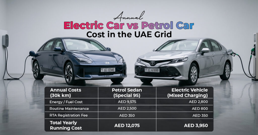 Annual electric car vs petrol car cost comparison in the UAE showing fuel, maintenance, registration, and total yearly running costs